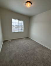 Carpeted empty room with a textured ceiling