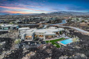 Aerial view at dusk with a mountain view