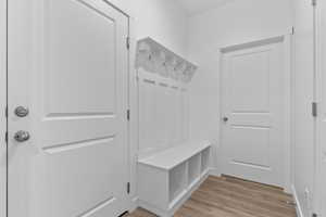 Mudroom with light hardwood / wood-style floors