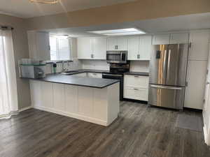 Kitchen featuring appliances with stainless steel finishes, white cabinetry, sink, dark hardwood / wood-style flooring, and kitchen peninsula