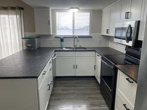 Kitchen with white cabinetry, sink, electric range, and dark hardwood / wood-style flooring