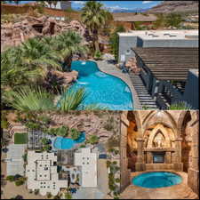 View of swimming pool featuring a community hot tub