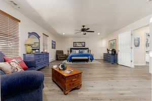 Bedroom featuring ceiling fan, a textured ceiling, and light wood-type flooring