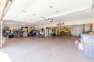 Garage featuring a garage door opener and gas water heater