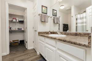 Bathroom with hardwood / wood-style flooring and vanity