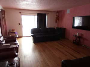 Living room with a textured ceiling and light wood-type flooring