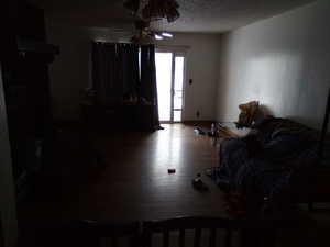 Living room featuring ceiling fan, hardwood / wood-style floors, and a textured ceiling