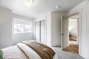 Carpeted bedroom featuring a closet and a textured ceiling