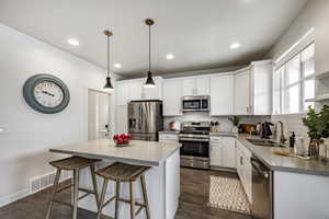 Kitchen with pendant lighting, sink, stainless steel appliances, white cabinets, and a kitchen island