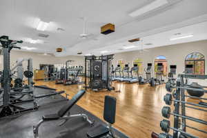 Exercise room with ceiling fan and hardwood / wood-style floors