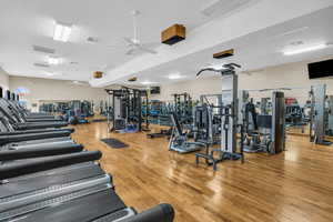 Gym with hardwood / wood-style floors and ceiling fan