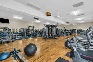 Gym with hardwood / wood-style flooring and ceiling fan