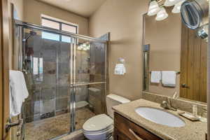 Bathroom with vanity, walk in shower, and toilet