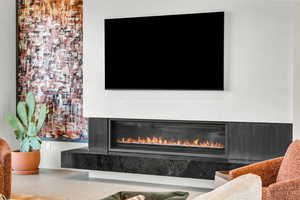 Detailed view of a glass covered fireplace