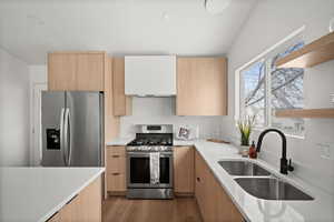 Kitchen with sink, stainless steel appliances, and light hardwood / wood-style floors