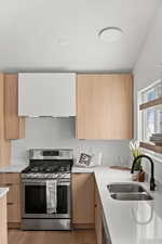 Kitchen featuring hardwood / wood-style flooring, sink, stainless steel range with gas stovetop, and range hood