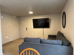 Living room featuring light carpet and a textured ceiling