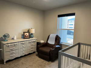 Bedroom with carpet and a crib