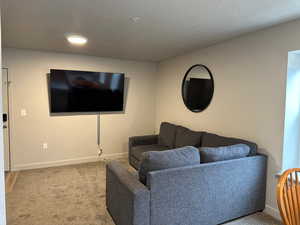 Living room featuring light carpet and a textured ceiling