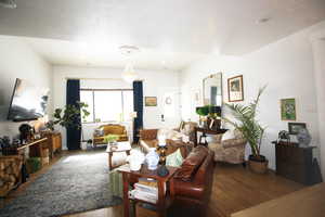 Living room with a textured ceiling and wood-tile flooring