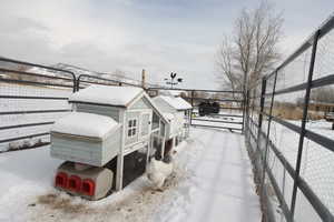 View of snow covered Chicken Houses