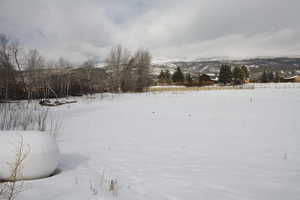 Snowy landscape with a mountain view and fenced for Livestock