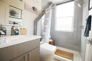 Bathroom with toilet, vanity, and a shower with curtain