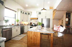 Kitchen featuring hanging light fixtures, stainless steel appliances, a center island, sink, and custom exhaust hood