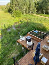 Wooden terrace with a fire pit