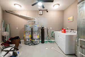 Washroom with water heater, gas water heater, independent washer and dryer, and ceiling fan