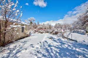 View of yard layered in snow