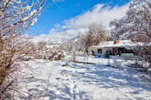 Snowy yard with a mountain view