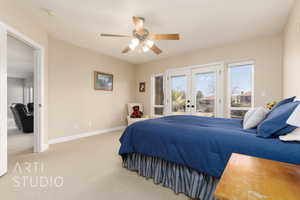 Bedroom with light carpet, access to exterior, ceiling fan, and french doors