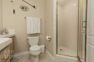 Bathroom featuring a shower with door, vanity, tile patterned flooring, and toilet