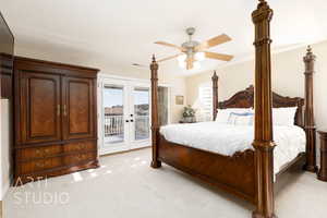 Bedroom featuring light carpet, access to outside, french doors, and ceiling fan