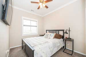 Bedroom featuring crown molding, ceiling fan, and carpet