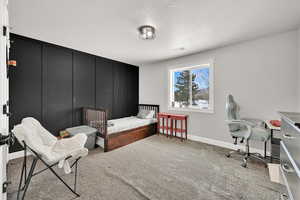 Carpeted bedroom with a textured ceiling