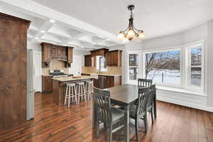 Dining room featuring coffered ceiling, a chandelier, beamed ceiling, a textured ceiling, and dark hardwood / wood-style flooring