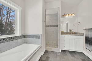 Bathroom featuring vanity, shower with separate bathtub, and a healthy amount of sunlight