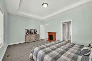 Bedroom featuring a tray ceiling and carpet floors