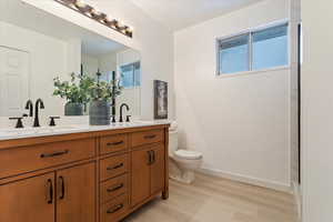 Bathroom featuring vanity, wood-type flooring, and toilet