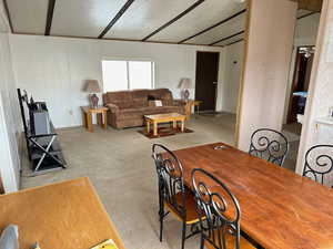 Dining room with light carpet and a textured ceiling