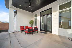 View of patio / terrace with ceiling fan and french doors