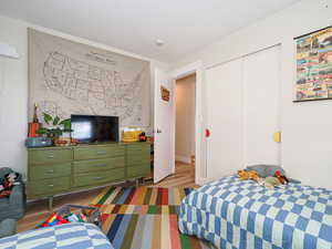 Bedroom featuring light hardwood / wood-style flooring and a closet