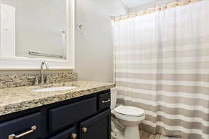 Bathroom featuring vanity, wood-type flooring, and toilet