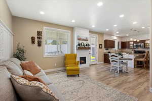 Living room featuring a large fireplace and light hardwood / wood-style flooring