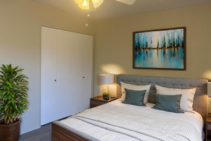 Carpeted bedroom featuring a closet