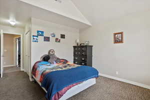 Bedroom with lofted ceiling and dark carpet