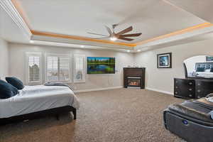 Bedroom with crown molding, ceiling fan, a raised ceiling, and carpet