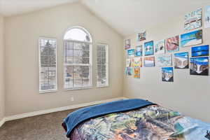 Bedroom featuring lofted ceiling and carpet